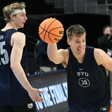Mar 20, 2024; Omaha, NE, USA;  Brigham Young Cougars guard Dallin Hall (30) warms up during the NCAA first round practice session at CHI Health Center Omaha. Mandatory Credit: Steven Branscombe-USA TODAY Sports