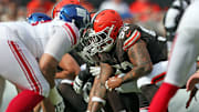 Cleveland Browns center Nick Harris (53) waits to snap the ball during the second half of an NFL football game at Huntington Bank Field, Sunday, Sept. 22, 2024, in Cleveland, Ohio.