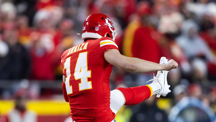 Jan 26, 2025; Kansas City, MO, USA; Kansas City Chiefs punter Matt Araiza (14) against the Buffalo Bills in the AFC Championship game at GEHA Field at Arrowhead Stadium. Mandatory Credit: Mark J. Rebilas-Imagn Images