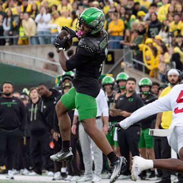 Oregon wide receiver Dakorien Moore is quarterback Dante Moore’s top target this season.