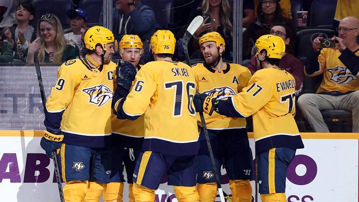 Apr 11, 2026; Nashville, Tennessee, USA; The Nashville Predators celebrate a goal by Nashville Predators center Steven Stamkos (91) during the first period of their game against the Minnesota Wild at Bridgestone Arena. Mandatory Credit: Alan Poizner-Imagn Images