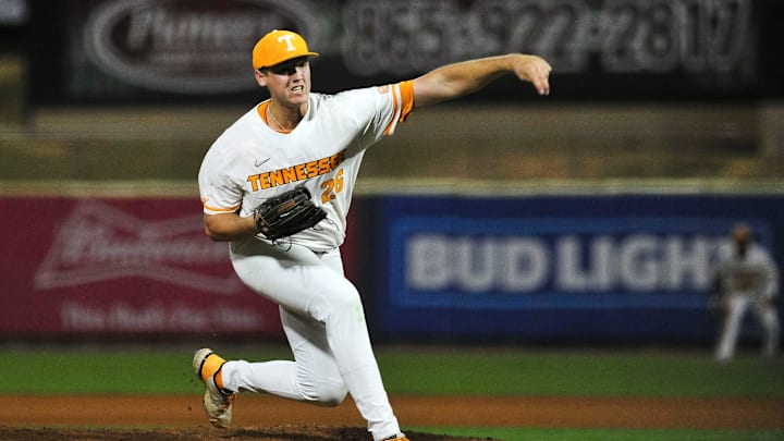 Tennessee white team's Wyatt Evans (26) pitches during the Tennessee baseball intrasquad scrimmage for the Orange & White World Series at Smokies Stadium on Thursday, Nov. 9, 2023.