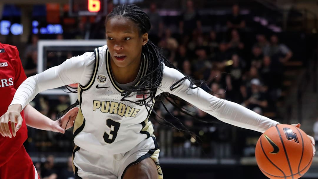 Rutgers Scarlet Knights guard Jillian Huerter (0) guards Purdue Boilermakers guard Jayla Smith (3) during the NCAA women   s basketball game, Tuesday, Jan. 2, 2024, at Mackey Arena in West Lafayette, Ind. Purdue Boilermakers won 77-76.