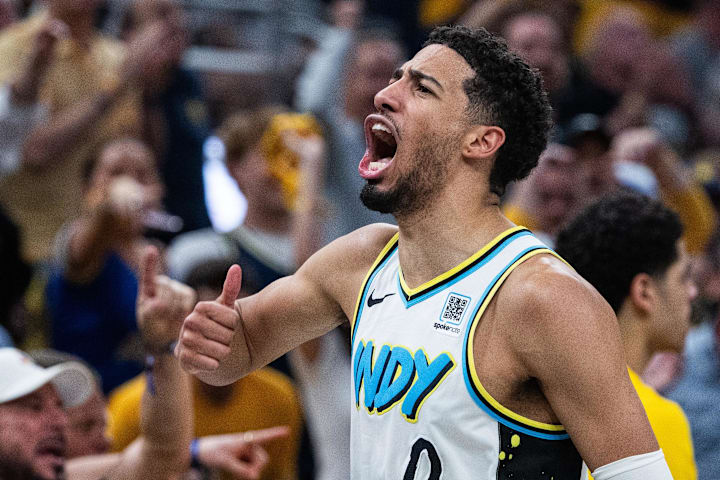 Indiana Pacers guard Tyrese Haliburton celebrates during the 2025 NBA Playoffs against the Cleveland Cavaliers.