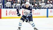 Mar 4, 2025; Elmont, New York, USA;  Winnipeg Jets left wing Nikolaj Ehlers (27) controls the puck in the third period against the New York Islanders at UBS Arena. Mandatory Credit: Wendell Cruz-Imagn Images