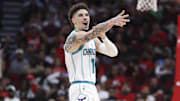 Oct 23, 2024; Houston, Texas, USA; Charlotte Hornets guard LaMelo Ball (1) celebrates after scoring during the game against the Houston Rockets at Toyota Center. Mandatory Credit: Troy Taormina-Imagn Images