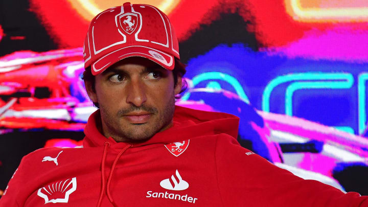 Nov 15, 2023; Las Vegas, Nevada, USA; Scuderia Ferrari driver Carlos Sainz Jr. of Spain during media availabilities at Las Vegas Strip Circuit. Mandatory Credit: Gary A. Vasquez-USA TODAY Sports