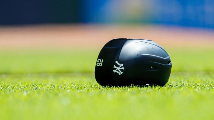 May 21, 2023; Cincinnati, Ohio, USA; The helmet of New York Yankees third baseman DJ LeMahieu (26) during the fifth inning against the Cincinnati Reds at Great American Ball Park. Mandatory Credit: Katie Stratman-USA TODAY Sports