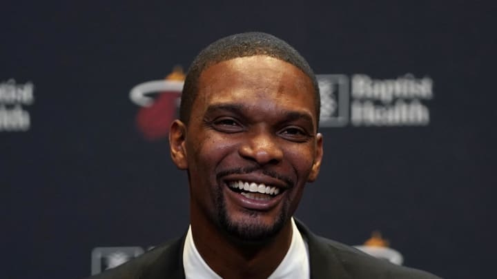 Mar 26, 2019; Miami, FL, USA; Former Miami Heat player Chris Bosh speaks to the media about his jersey being retired at American Airlines Arena prior to the game against the Orlando Magic. Mandatory Credit: Jasen Vinlove-USA TODAY Sports