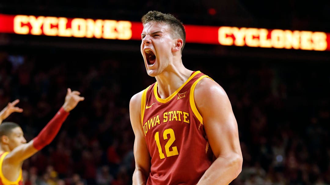 Iowa State forward Michael Jacobson celebrates a basket as the Hawkeyes take on the Cyclones at Hilton Coliseum in Ames Thursday, Dec. 12, 2019.

Isuiowa17 Jpg