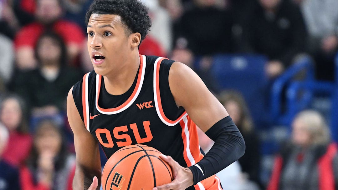 Jan 28, 2025; Spokane, Washington, USA; Oregon State Beavers guard Josiah Lake II (2) controls the ball against the Gonzaga Bulldogs in the first half at McCarthey Athletic Center. Mandatory Credit: James Snook-Imagn Images