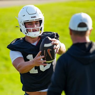 Texas Longhorns quarterback, Arch Manning during his first practice of the spring season on Tuesday, March 25, 2025.