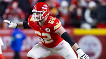 Jan 26, 2025; Kansas City, MO, USA; Kansas City Chiefs guard Joe Thuney (62) against the Buffalo Bills in the AFC Championship game at GEHA Field at Arrowhead Stadium. Mandatory Credit: Mark J. Rebilas-Imagn Images