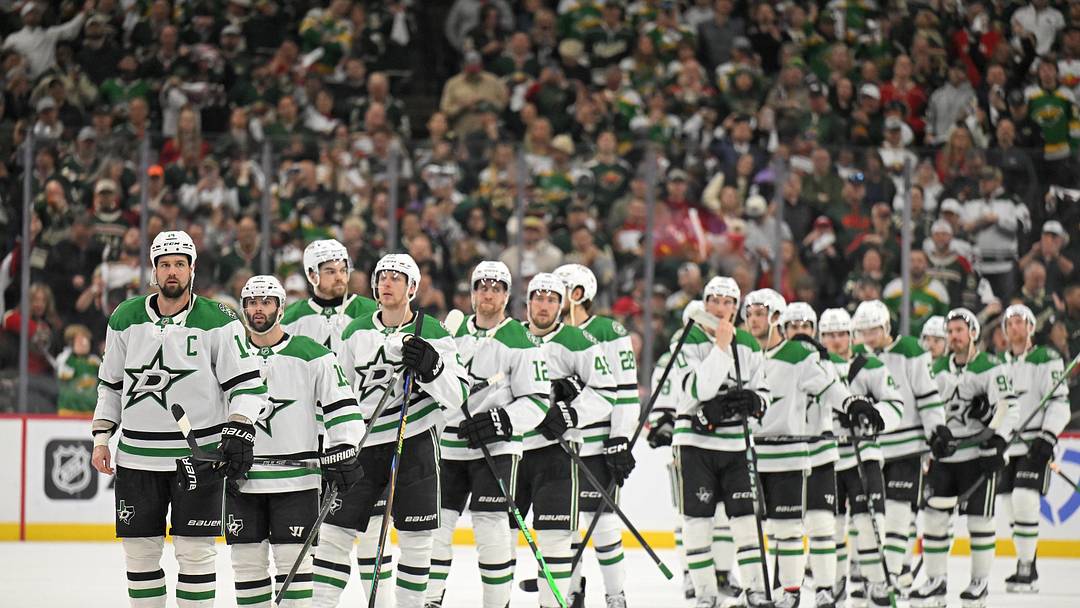 Apr 30, 2026; Saint Paul, Minnesota, USA; Dallas Stars forward Jamie Benn (14) leads his team in the handshake line after losing the series to the Minnesota Wild in the first round of the 2026 Stanley Cup Playoffs at Grand Casino Arena. Mandatory Credit: Nick Wosika-Imagn Images