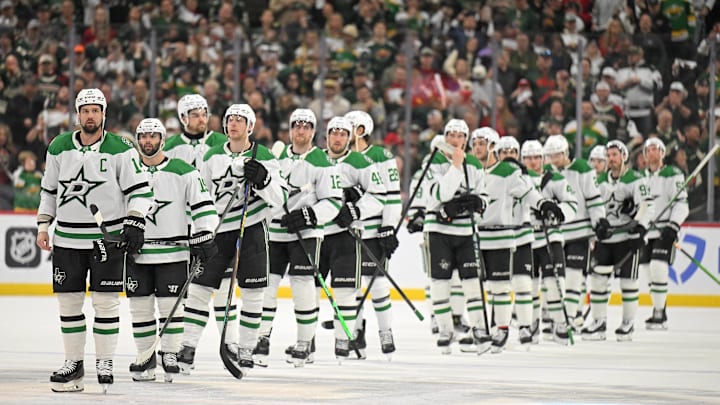 Apr 30, 2026; Saint Paul, Minnesota, USA; Dallas Stars forward Jamie Benn (14) leads his team in the handshake line after losing the series to the Minnesota Wild in the first round of the 2026 Stanley Cup Playoffs at Grand Casino Arena. Mandatory Credit: Nick Wosika-Imagn Images