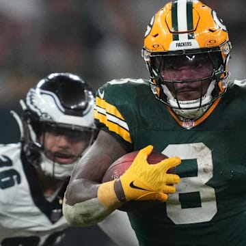 Green Bay Packers running back Josh Jacobs (8) runs during the second half against the Philadelphia Eagles in Brazil.