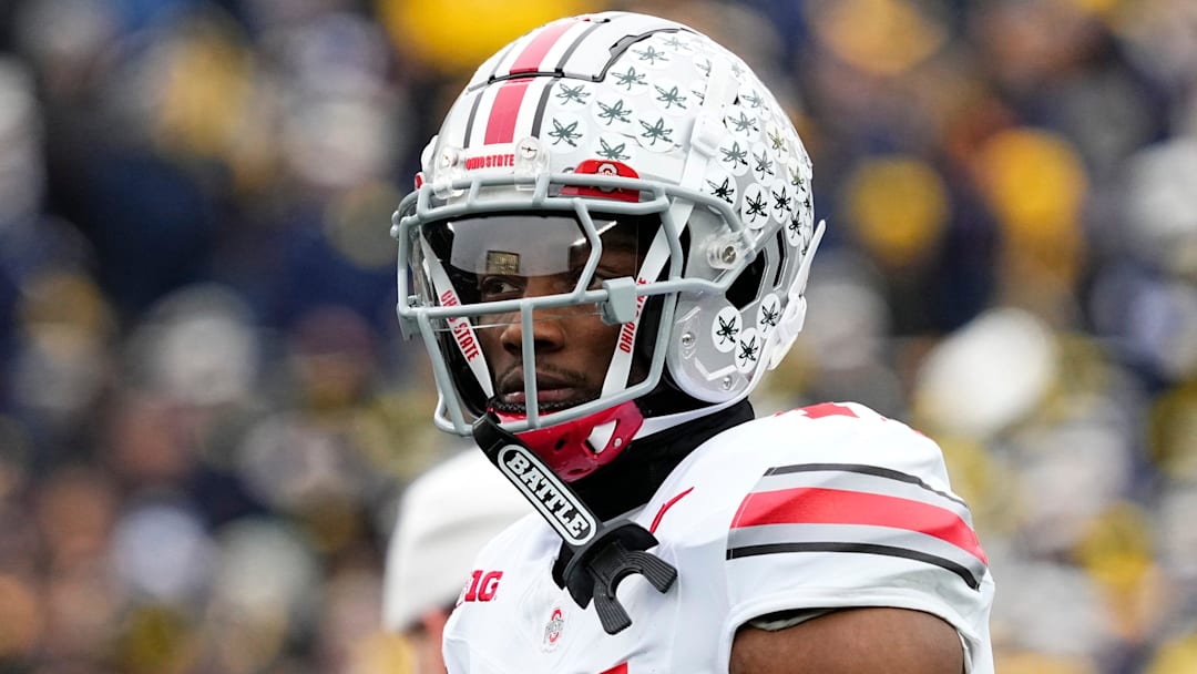 Ohio State Buckeyes wide receiver Carnell Tate (17) warms up prior to the NCAA football game against the Michigan Wolverines at Michigan Stadium in Ann Arbor, Mich. on Nov. 29, 2025.