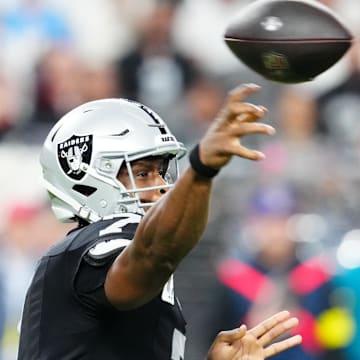 Sep 15, 2025; Paradise, Nevada, USA; Las Vegas Raiders quarterback Geno Smith (7) throws a pass during the first quarter against the Los Angeles Chargers at Allegiant Stadium. Mandatory Credit: Stephen R. Sylvanie -Imagn Images