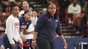 Mar 9, 2024; Greensville, SC, USA; Ole Miss Rebels head coach Yolett McPhee-McCuin reacts to a call during the second half against the LSU Lady Tigers at Bon Secours Wellness Arena. Mandatory Credit: Jim Dedmon-Imagn Images