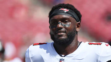 Sep 22, 2024; Tampa, Florida, USA;  Tampa Bay Buccaneers wide receiver Chris Godwin (14) works out prior to the game against the Denver Broncos at Raymond James Stadium. Mandatory Credit: Kim Klement Neitzel-Imagn Images