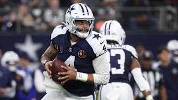 Nov 27, 2025; Arlington, TX; Dallas Cowboys quarterback Dak Prescott looks to throw against the Kansas City Chiefs 