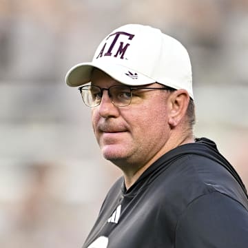 Oct 11, 2025; College Station, Texas, USA; Texas A&M Aggies head coach Mike Elko looks on prior to the game against the Florida Gators at Kyle Field. Mandatory Credit: Maria Lysaker-Imagn Images 