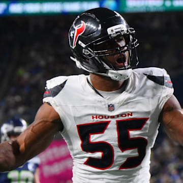 Oct 20, 2025; Seattle, Washington, USA; Houston Texans defensive end Danielle Hunter (55) celebrates after a fumble recovery touchdown during the third quarter against the Seattle Seahawks at Lumen Field. Mandatory Credit: Steven Bisig-Imagn Images
