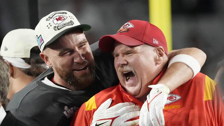 Feb. 12, 2023: Andy Reid and Travis Kelce celebrate the Kansas City Chiefs' win over the Philadelphia Eagles in Super Bowl LVII at State Farm Stadium in Glendale, Arizona.