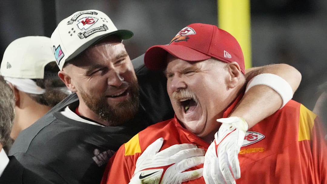 Feb. 12, 2023: Andy Reid and Travis Kelce celebrate the Kansas City Chiefs' win over the Philadelphia Eagles in Super Bowl LVII at State Farm Stadium in Glendale, Arizona.