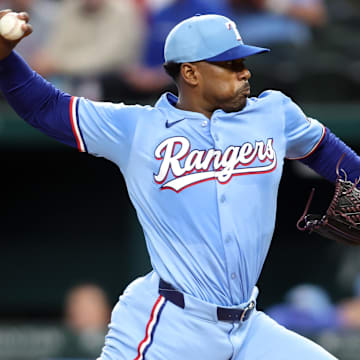 Apr 6, 2025; Arlington, Texas, USA; Texas Rangers pitcher Kumar Rocker (80) throws a pitch during the first inning against the Tampa Bay Rays at Globe Life Field. 