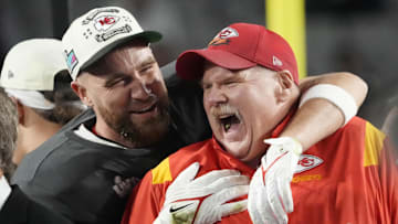 Feb. 12, 2023: Andy Reid and Travis Kelce celebrate the Kansas City Chiefs' win over the Philadelphia Eagles in Super Bowl LVII at State Farm Stadium in Glendale, Arizona.