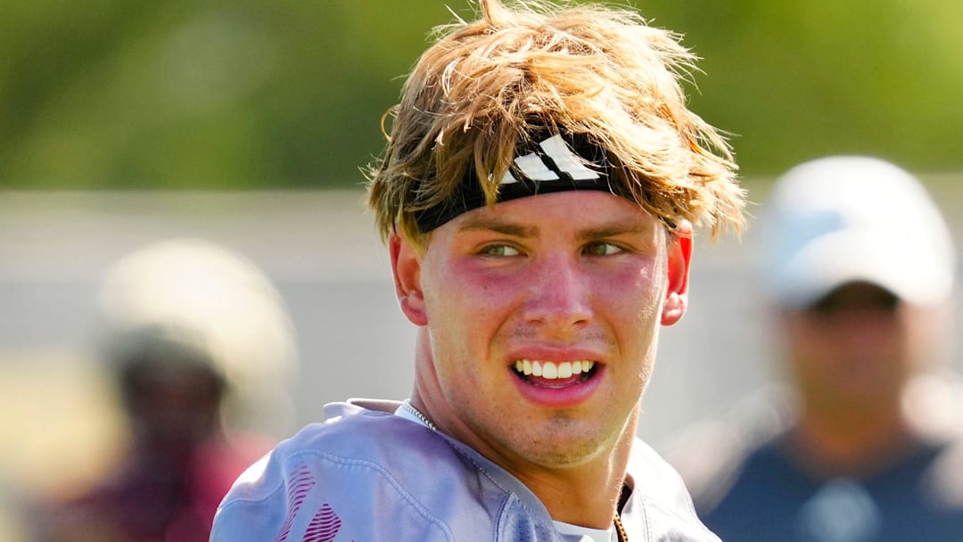 Arizona State quarterback Sam Leavitt looks over at the sidelines during the first day of fall practice in Tempe, Ariz. on July 30, 2025.