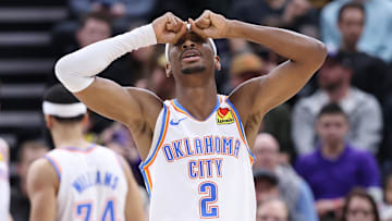 Feb 6, 2024; Salt Lake City, Utah, USA; Oklahoma City Thunder guard Shai Gilgeous-Alexander (2) reacts to a play against the Utah Jazz during the second quarter at Delta Center. Mandatory Credit: Rob Gray-Imagn Images