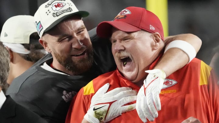Feb. 12, 2023: Andy Reid and Travis Kelce celebrate the Kansas City Chiefs' win over the Philadelphia Eagles in Super Bowl LVII at State Farm Stadium in Glendale, Arizona. Feb. 12, 2023: Andy Reid and Travis Kelce celebrate the Kansas City Chiefs' win over the Philadelphia Eagles in Super Bowl LVII at State Farm Stadium in Glendale, Arizona.