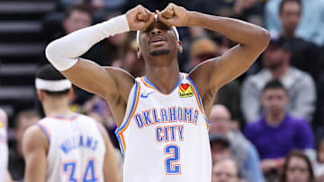 Feb 6, 2024; Salt Lake City, Utah, USA; Oklahoma City Thunder guard Shai Gilgeous-Alexander (2) reacts to a play against the Utah Jazz during the second quarter at Delta Center. Mandatory Credit: Rob Gray-Imagn Images