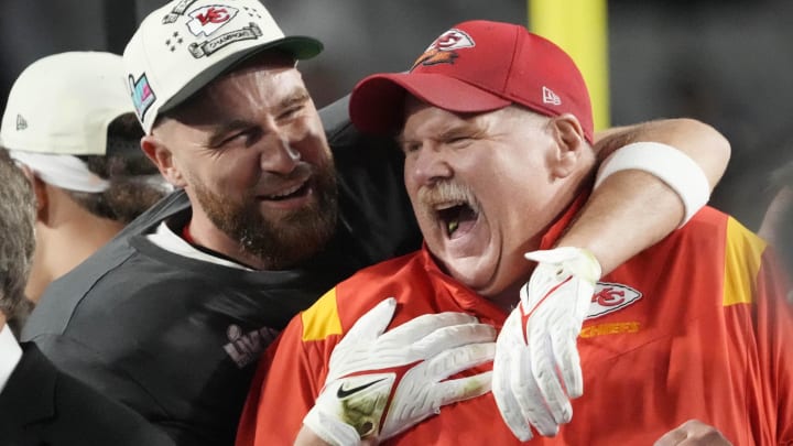Feb. 12, 2023: Andy Reid and Travis Kelce celebrate the Kansas City Chiefs' win over the Philadelphia Eagles in Super Bowl LVII at State Farm Stadium in Glendale, Arizona.