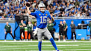 Detroit Lions quarterback Jared Goff (16) makes a pass against Green Bay Packers during the second half at Ford Field in Detroit on Thursday, Nov. 27, 2025.