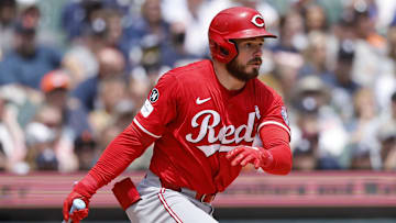 Cincinnati Reds outfielder Gavin Lux (2) hits an RBI single