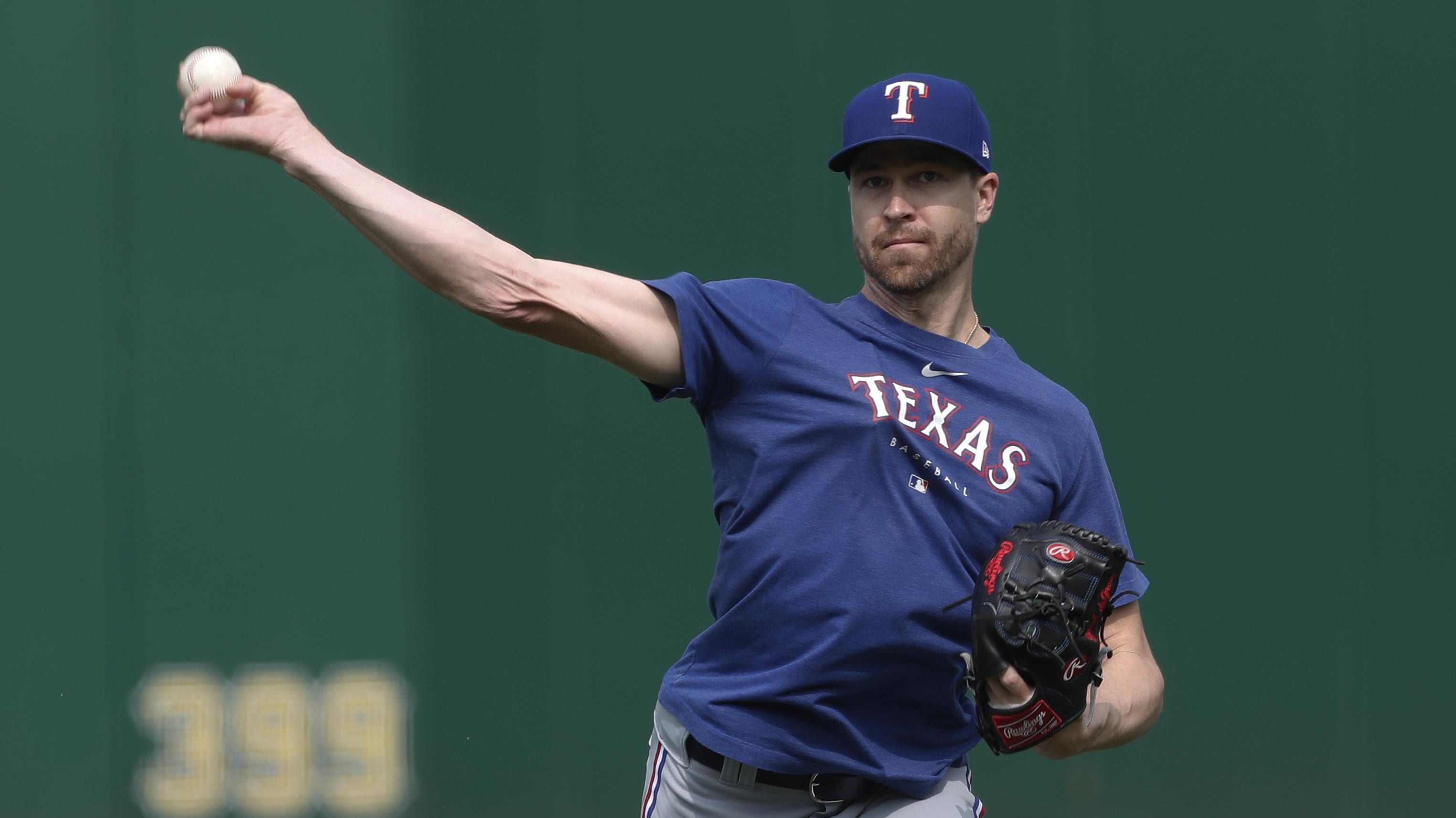 May 23, 2023; Pittsburgh, Pennsylvania, USA; Rangers pitcher Jacob deGrom throws during practice.