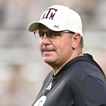Oct 11, 2025; College Station, Texas, USA; Texas A&M Aggies head coach Mike Elko looks on prior to the game against the Florida Gators at Kyle Field. Mandatory Credit: Maria Lysaker-Imagn Images 