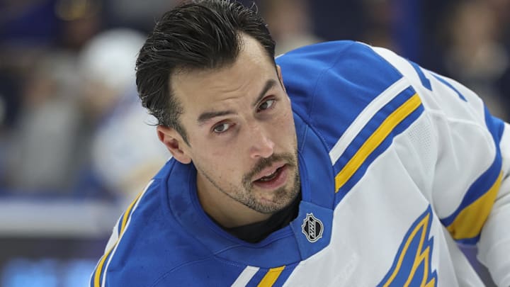 Dec 22, 2025; Tampa, Florida, USA; St. Louis Blues defenseman Justin Faulk (72) warms up before a game against the Tampa Bay Lightning at Benchmark International Arena. Mandatory Credit: Nathan Ray Seebeck-Imagn Images