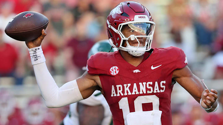 Arkansas Razorbacks quarterback Taylen Green (10) passes in the second half against the UAB Blazers at Razorback Stadium.