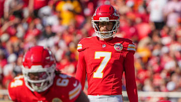 Sep 28, 2025; Kansas City, Missouri, USA; Kansas City Chiefs kicker Harrison Butker (7) readies for a field goal attempt against the Baltimore Ravens during the game at GEHA Field at Arrowhead Stadium. Mandatory Credit: Denny Medley-Imagn Images