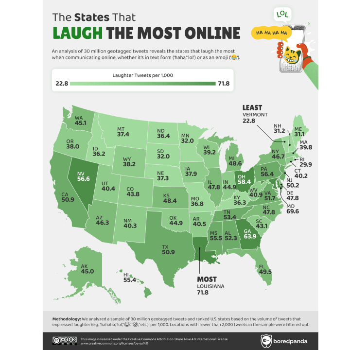 Map of the U.S. states that laugh the most online