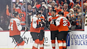 Oct 13, 2025; Philadelphia, Pennsylvania, USA; Philadelphia Flyers right wing Tyson Foerster (71) celebrates his goal with teammates against the Florida Panthers during the first period at Wells Fargo Center. Mandatory Credit: Eric Hartline-Imagn Images