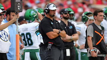 Sep 20, 2025; Oxford, Mississippi, USA; Tulane Green Wave head coach Jon Sumrall looks on during the second quarter against the Mississippi Rebels at Vaught-Hemingway Stadium. Mandatory Credit: Petre Thomas-Imagn Images