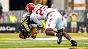 Alabama BANDIT LT Overton tackles Missouri quarterback Beau Pribula