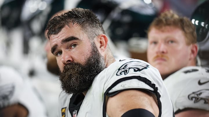 Jan 15, 2024; Tampa, Florida, USA;  Philadelphia Eagles center Jason Kelce (62) looks on from the sideline during the first half of a 2024 NFC wild card game against the Tampa Bay Buccaneers at Raymond James Stadium. Mandatory Credit: Nathan Ray Seebeck-Imagn Images