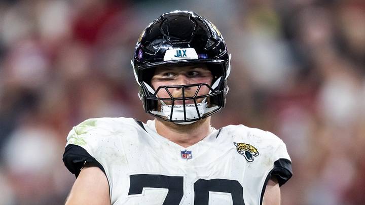 Nov 23, 2025; Glendale, Arizona, USA; Jacksonville Jaguars offensive lineman Cole Van Lanen (70) against the Arizona Cardinals at State Farm Stadium. Mandatory Credit: Mark J. Rebilas-Imagn Images