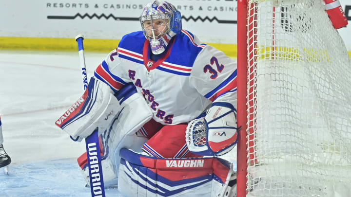 Mar 30, 2024; Tempe, Arizona, USA; New York Rangers goaltender Jonathan Quick (32) defends in the second period against the Arizona Coyotes at Mullett Arena. Mandatory Credit: Matt Kartozian-USA TODAY Sports